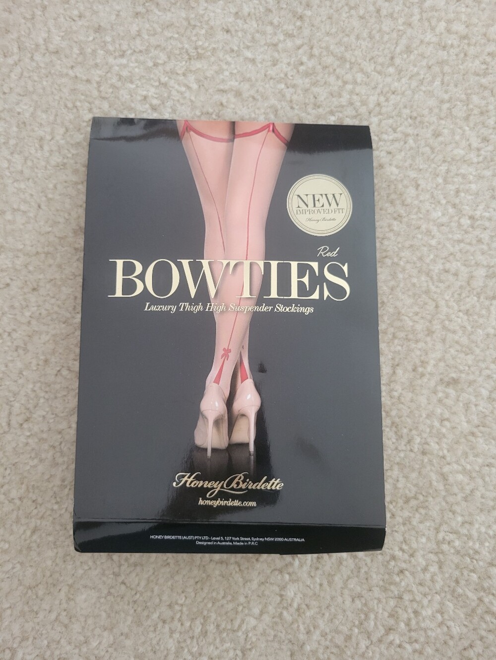 NWOT Honey Birdette Bowties Red Seamed Luxury Suspender Stockings Size Large